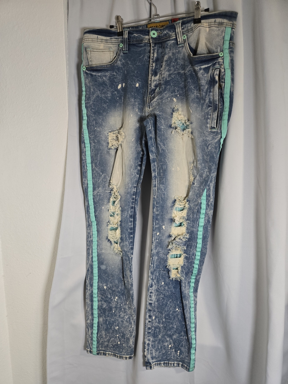 Men's Skinny Washed Blue Jeans with Mint Side Stripes